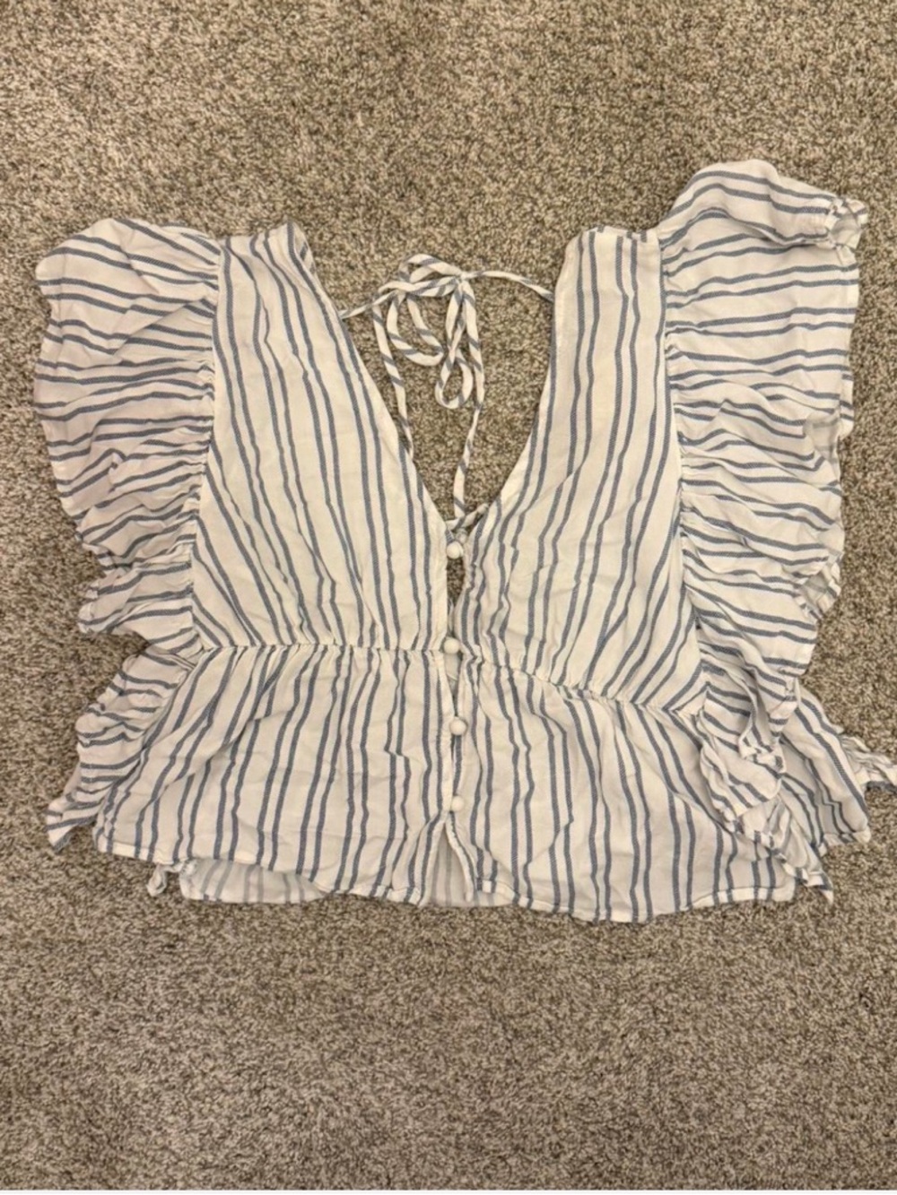 Altar'd State White & Blue Striped Ruffle Sleeve Tie-Back Top